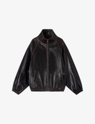 Womens Sandro Distressed Funnel-Neck Leather Jacket