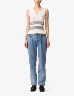CLAUDIE PIERLOT: Collared Striped Fine-Knit Top