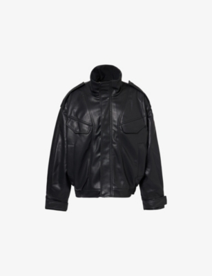 The Couture Club Womens Black Funnel-Neck Faux-Leather Bomber Jacket S