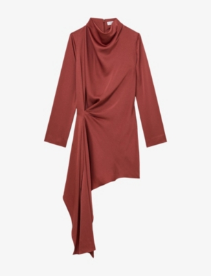 Reiss Womens Bethany Draped Woven Mini Dress Rust Orange