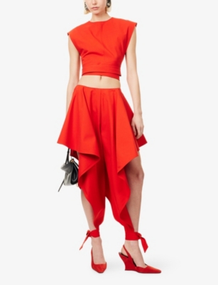 Alaïa Womens Orange Sanguine Ruffled Open-seam Cotton Trousers In Red