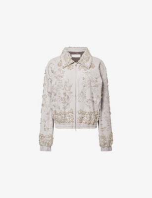 Dries Van Noten Womens Light Grey Vinnia Jewel-embellished Cotton Bomber Jacket In Gray