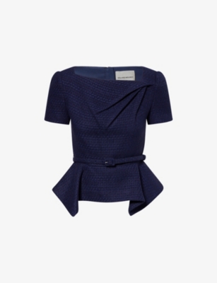 Roland Mouret Womens Navy Asymmetric-hem Belted Boucle Top In Blue