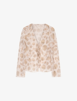 Omnes Womens Beige Shell Print Marla Shell-print Sheer-chiffon Top In Neutral