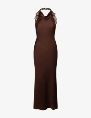 Omnes Womens Chocolate Benita Halterneck Satin Maxi Dress In Brown