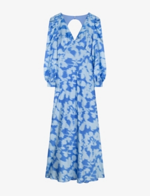 Omnes Womens  Francoise V-neck Floral-print Satin Maxi Dress In Blue