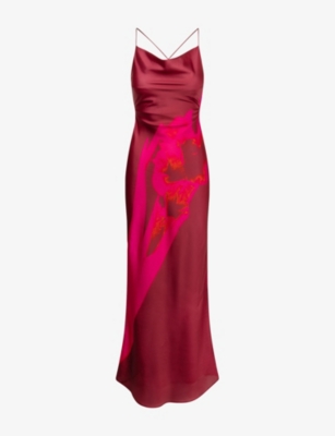 Omnes Womens Red / Pink Floral Ginny Floral-print Satin Maxi Dress