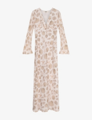 Omnes Womens Beige Shell Print Marj Flute-sleeve V-neck Woven Maxi Dress In White