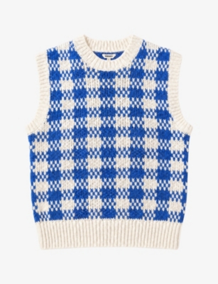 Omnes Womens Bob Checked Cotton Knit Vest Blue/cream Xl