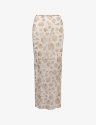 Omnes Womens Painterly Shellprint Cierra Shell-print Chiffon Maxi Skirt In Brown