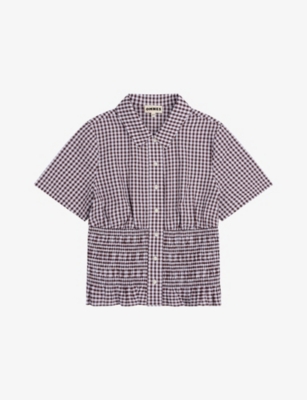 Womens Omnes Merida Gingham Shirred-Panel Short-Sleeve Cotton Blouse