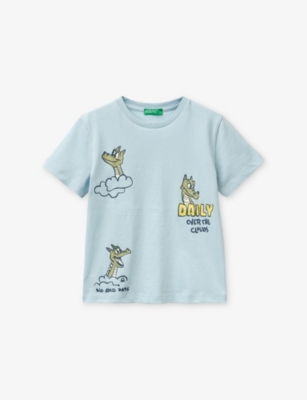 Benetton Kids' Graphic-print Short-sleeve Cotton T-shirt 1-6 Years Blu In Blue