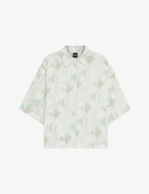 Womens Boss Floral-Print Cropped Woven Blouse
