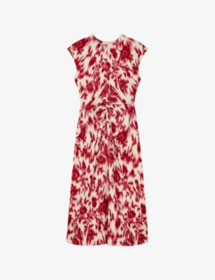 Womens Whistles Blurred Floral-Print Ruched Stretch-Crepe Midi Dress