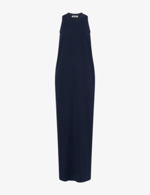 Darkpark Womens Milla Double Halter-neck Jersey Maxi Dress Blue Navy