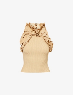 Zimmermann Womens Metallic Gold Luna Ruffled Metallic Rib-knit Top Xs In Nude