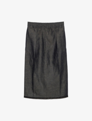Prada Womens Blue Lace-trim Chambray Cotton And Linen-blend Midi Skirt