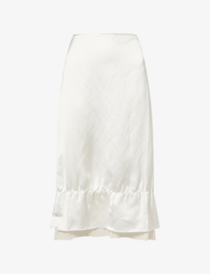 Totême Womens White Raw-hem Layered Satin Midi Skirt