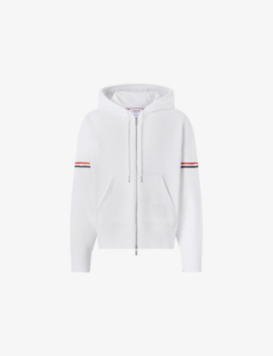 Thom Browne X Asics X Asics Mens White Signature Stripe Relaxed Cotton-jersey Hoody In Gray