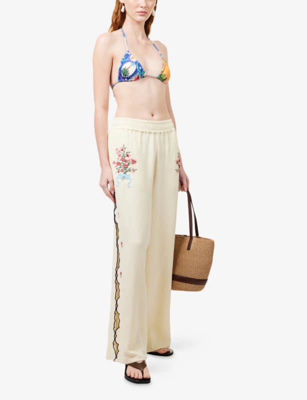 Lilia Floral-Embroidered Cotton Trousers