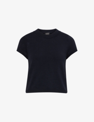 Me And Em And Em Womens Navy Shrunken Round-neck Knitted Cotton T-shirt In Blue