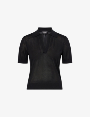 Me And Em Womens  Slim-fit Polo-collar Silk-knit Top In Black