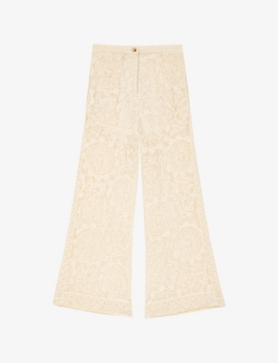 Maje Womens Ecru Flared Floral-guipure Cotton Trousers In Brown