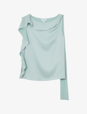 Reiss Womens Aqua Blue Hanna Draped-trim Satin Top