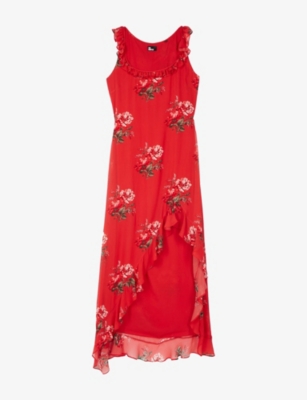 The Kooples Womens Red / Green Ruffle Floral-print Woven Maxi Dress Xs In Multi