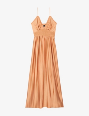 The Kooples Womens Camel V-neck Shirred-waist Woven Maxi Dress In Brown