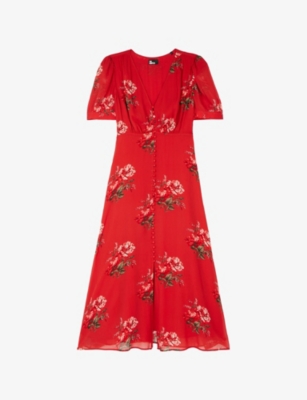 The Kooples Womens Red / Green V-neck Floral-print Woven Maxi Dress In Multi