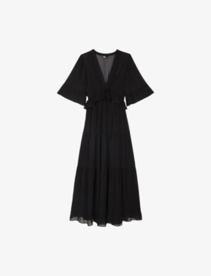 The Kooples Womens Black V-neck Short-sleeve Woven Midi Dress Xs