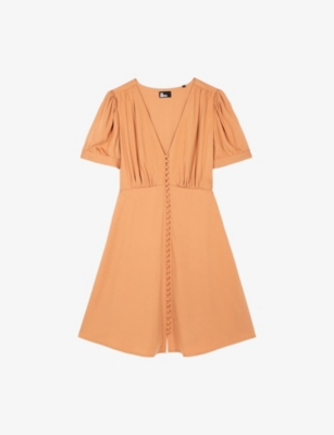 The Kooples Womens Camel V-neck Short-sleeve Woven Mini Dress Xs In Brown