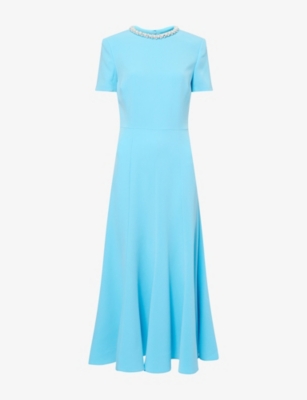 Womens Roland Mouret Pearl-Neckline Short-Sleeve Woven Midi Dress