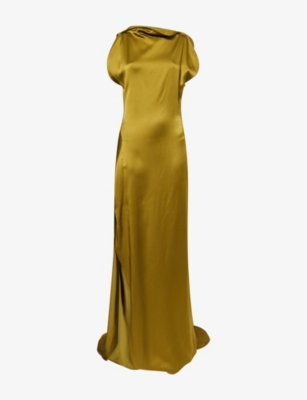 black dress with hole on chest with gold chain 70s Black Maxi Dress Halter Style w-Open Back and Gold Chains by Funky