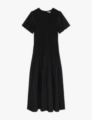 Omnes Womens Black Aria Shirred-bodice Cotton Midi Dress