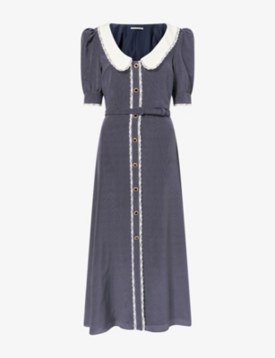 Alessandra Rich Womens Polka-dot Belted Silk Midi Dress Navy Blue-white