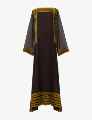 Leem Womens Brown Velvet-panel Long-sleeve Woven Maxi Dress In Multi
