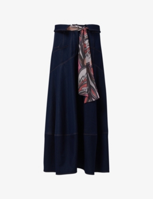 Leem Womens Blue Tie-waist Denim Maxi Skirt