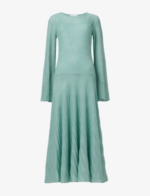 Leem Womens Blue Pleated Bell-sleeve Metallic-knit Maxi Dress