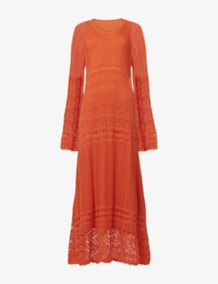 Leem Womens Orange Long-sleeve Crochet Knit Kaftan Dress