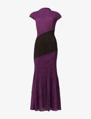 Leem Womens Purple Contrast-panel Pleated Woven Maxi Dress