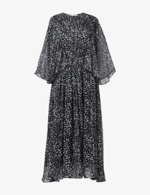 Leem Womens Black Dot-print Cape-detail Chiffon Midi Dress