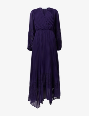 Leem Womens Purple Lace-detail Pleated Woven Maxi Dress In Blue