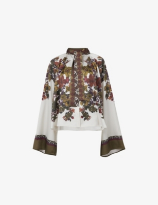 Womens Leem Tie-Neck Floral-Print Woven Blouse
