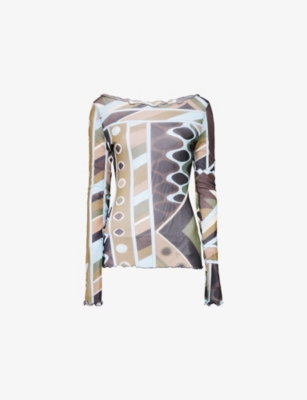 Pucci Womens Khaki Blue Printed Long-sleeve Woven T-shirt