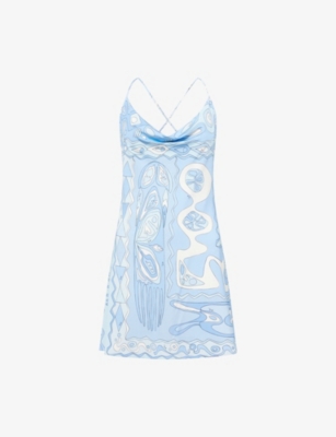 Pucci Womens Pale Blue Backless Graphic-print Satin-jersey Mini Dress