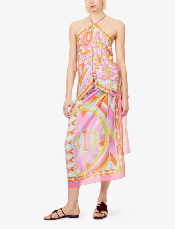Printed Chain Halter-Neck Silk Top
