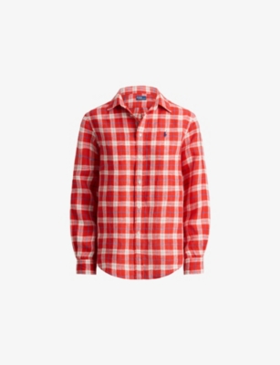 Womens Polo Ralph Lauren Checked Logo-Embroidered Linen Shirt