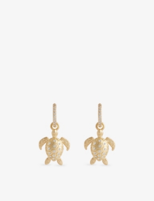 Oceanus Womens Gold Sea Turtle Sparkle Metal Drop Hoop Earrings